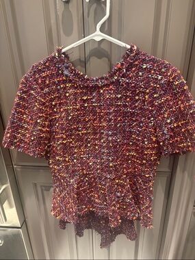 Zara Burgundy Multicolor Tweed Peplum Top